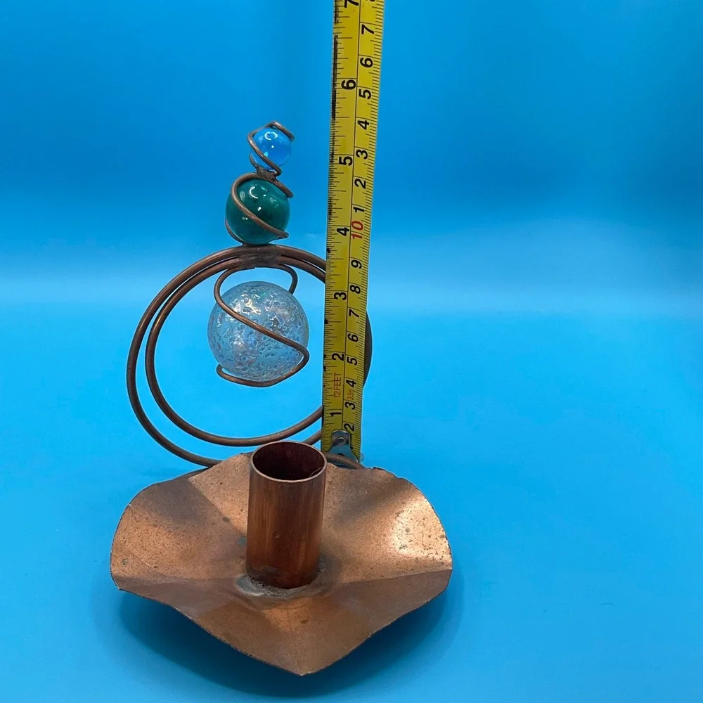 Artisan Copper Wire Glass Orb Candle Holder Sculpture Blue Green Mixed Media‎